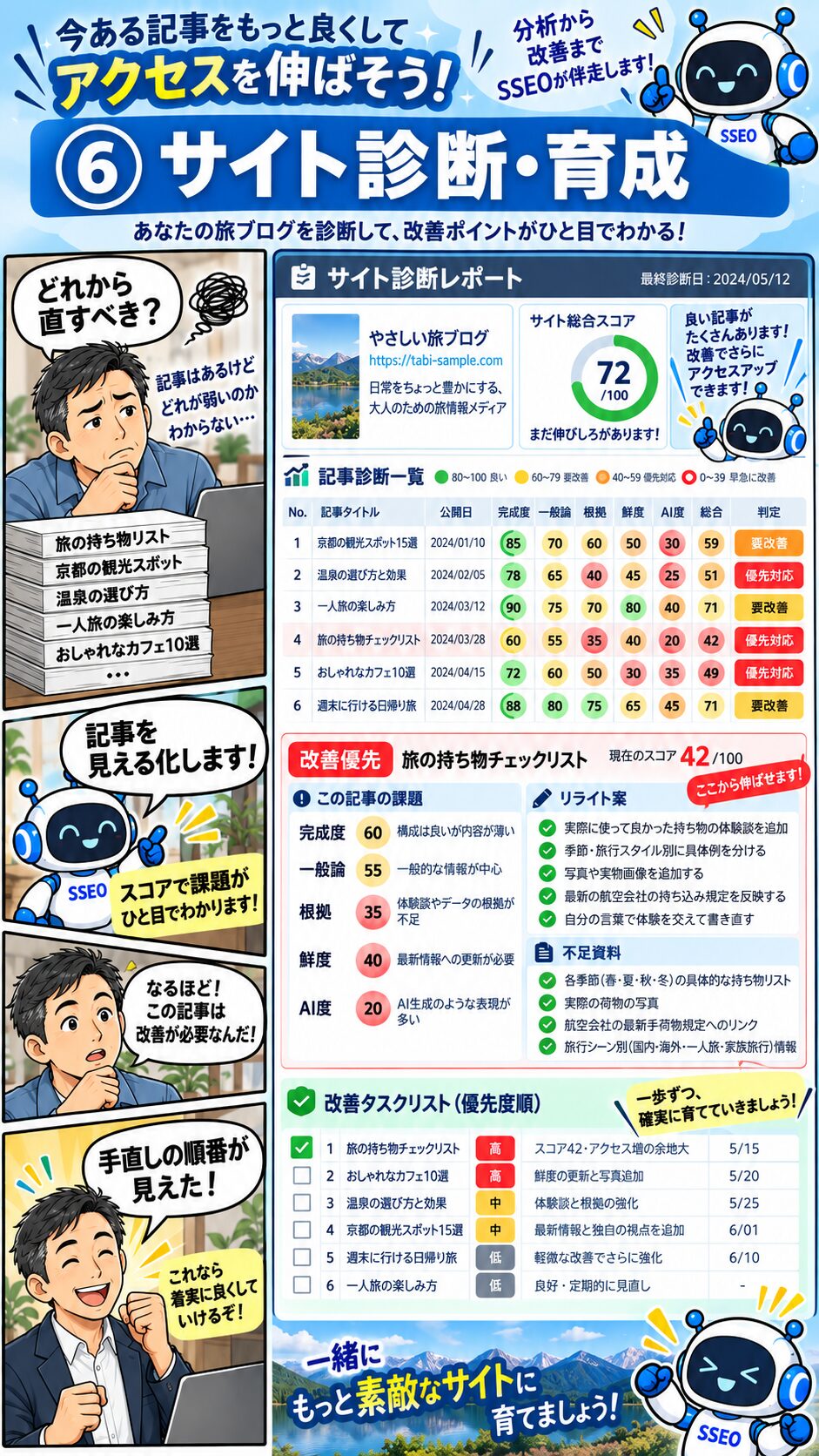 サイト診断から記事の改善点と優先順位を考えるマンガ